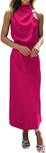 BTFBM Cocktail Dresses for Women Summer Satin Silk Sleeveless Mock Neck Maxi Wedding Guest Dress Spring Outfits 2026 Small