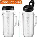 Replacement Cups For Magic Bullet Replacement Parts 22oz Blender Cups compatible with 250W Magic Bullet MB1001 MBR-0701AK (Measured Markings), Tall 22oz Cup Flip-Top Lid, Mug with Handle