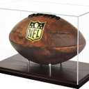 Happyseason Football Display Case, Clear Acrylic, Solid Wood Base, Stainless Steel Pegs Stand, Full Size Football Holder, Autographed Sports Memorabilia Collectible Box, No Assembly, Gifts for Men