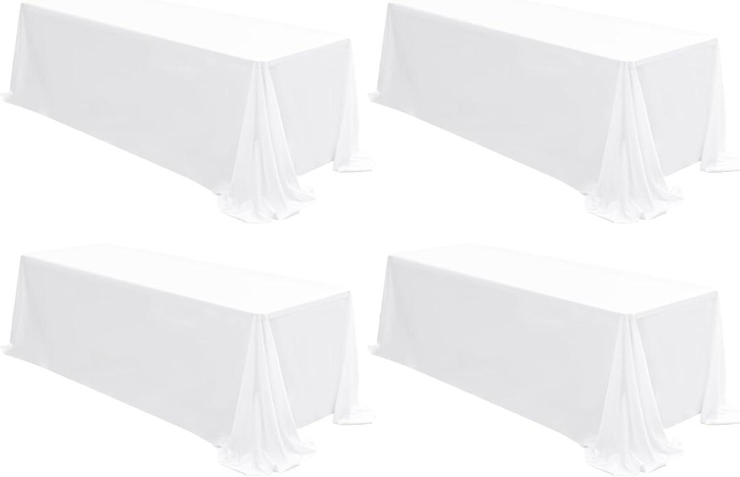 4 Pack White Tablecloths for 8ft Rectangle Tables 90 x 156 Inch - Polyester Table Cover Stain and Wrinkle Resistant Washable Fabric Table Clothes for Wedding Party Banquet Reception Restaurant