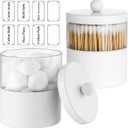 Gaussra White Apothecary Jars, White Qtip Holder - Stainless Steel Bathroom Jar with Stickers - Farmhouse Decor Qtip Dispenser for Qtips, Cotton Balls, Swabs, Makeup Sponges (2-Pack)