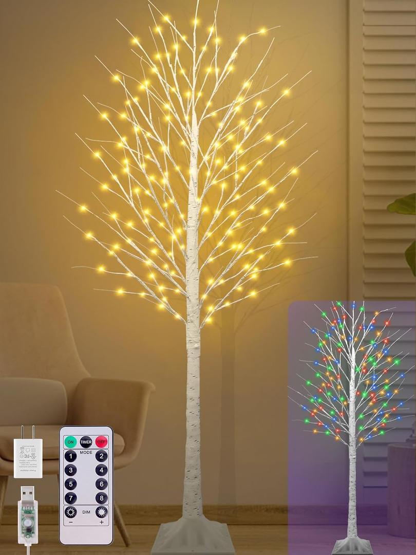 7FT Lighted Birch Tree with 170 LED Warm White and Multicolor Lights, 8 Modes, Timer Remote Faux Prelit Twig Christmas Tree with Lights for Indoor Outdoor Xmas Holiday Party Decoration