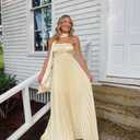 Women Bridesmaid Dress with Scarf Strapless Pleated Flowy Formal Evening Gown Maxi Dresses (Gold, S)