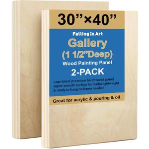 Falling in Art 2 Pack Unfinished Wooden Canvas Panels, 30x40 Gallery Birch Wood Panels Kit, 1 1/2" Deep Art Cradle Boards for Acrylic Painting, Pouring and Burning