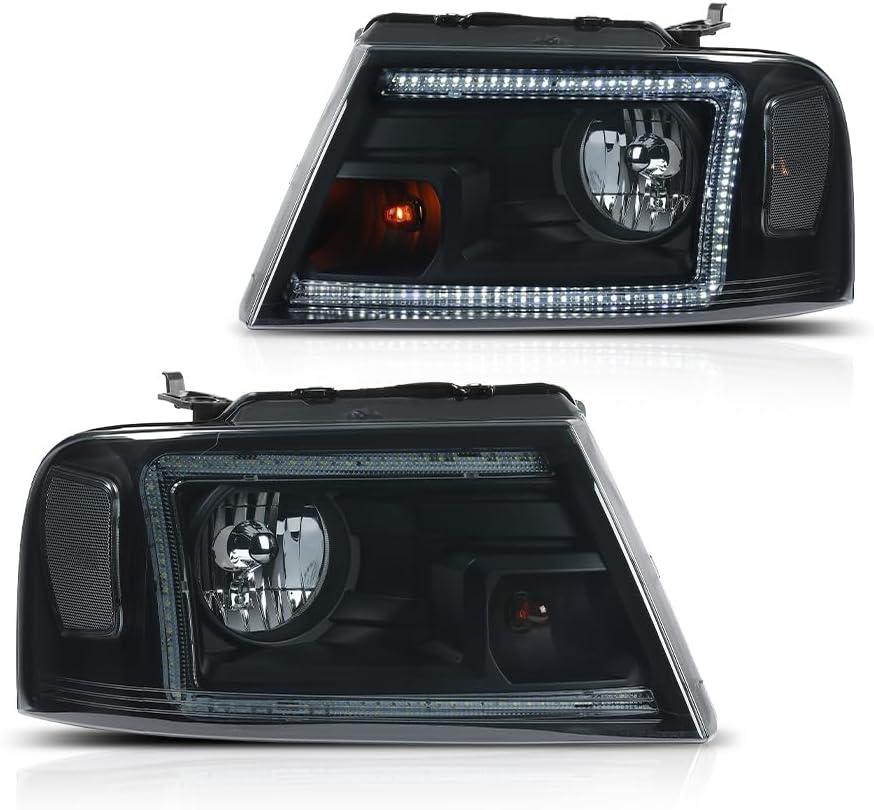 CHEDA LED Headlights Pair Fit Ford F150 2004-2008 | Fit Lincoln Mark LT 06-08 FO2503247 FO2502247 Smoke Lens Black Housing Clear Reflect Headlight Assy