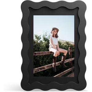 4x6 Picture Frame with Mat for 3.5x5, Wavy Edge Wooden Real Glass Photo Frame for Tabletop and Wall Hanging, Black, 1 Pack