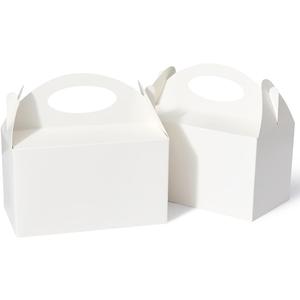 Happyhiram 50 Pcs Party Treat Boxes - White, 6 Inch Candy Boxes with Handle - Paper Cookie Gift & Snack Goodie Bags for Kids Birthday, Baby Shower, Wedding