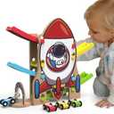 Letoiz Wooden Race Track Car Ramp Racer Toy for Toddlers, Rocket Car Ramp Toy Vehicle Playsets with 4 Mini Cars - Fine Motor Skills Toddler Toys for 2 3 Year Old Boy and Girl Birthday Gifts