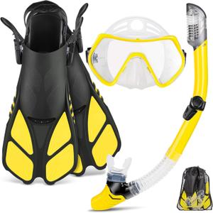 ZEEPORTE Mask Fin Snorkel Set, Travel Size Snorkeling Gear for Adults with Panoramic View Anti-Fog Mask, Trek Fins, Dry Top Snorkel and Gear Bag for Swimming Training, Snorkeling Kit Diving Packages (Yellow), Size: S/M