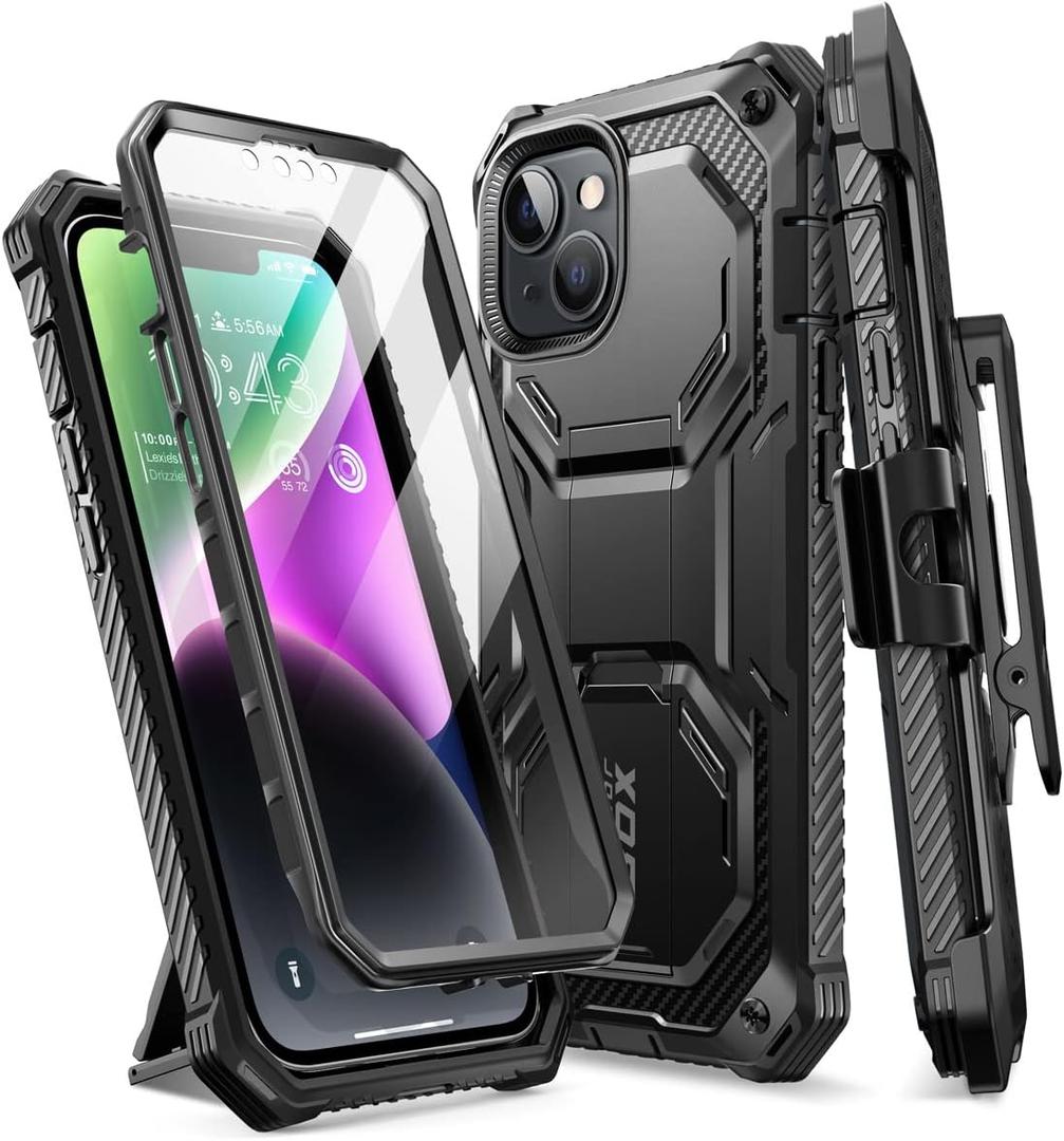 i-Blason Armorbox for iPhone 14 Plus Case with Stand & Belt Clip [Built-in Screen Protector] [Military-Grade Protection] Full-Body Rugged Kickstand Protective Bumper Case for iPhone 14 Plus (Black)