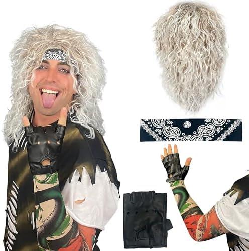 Watt's Wigs 80s Rock Star Costume Men – Blond Wig with Headband, Tattoo Sleeve & Glove – 80's Rocker Outfit for Men, Blonde Rockstar Wig, 1980s Costumes for Adults, Halloween Cosplay