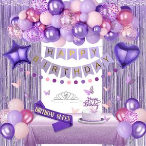 Purple Birthday Decorations for Women Girls, Pastel Pink and Purple Balloons Foil Table Cloth Sash Crown Fringe Curtains Happy Birthday Banner Circle Garland Butterfly Cake Topper Party Supplies