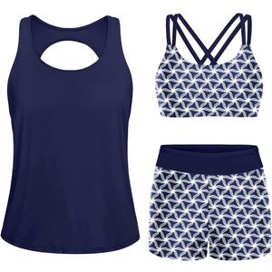 Yonique 3 Piece Tankini Swimsuits for Women Swim Tank Top Bathing Suits with Boy Shorts and Bra Athletic Swimwear (XX-Small, Blue)
