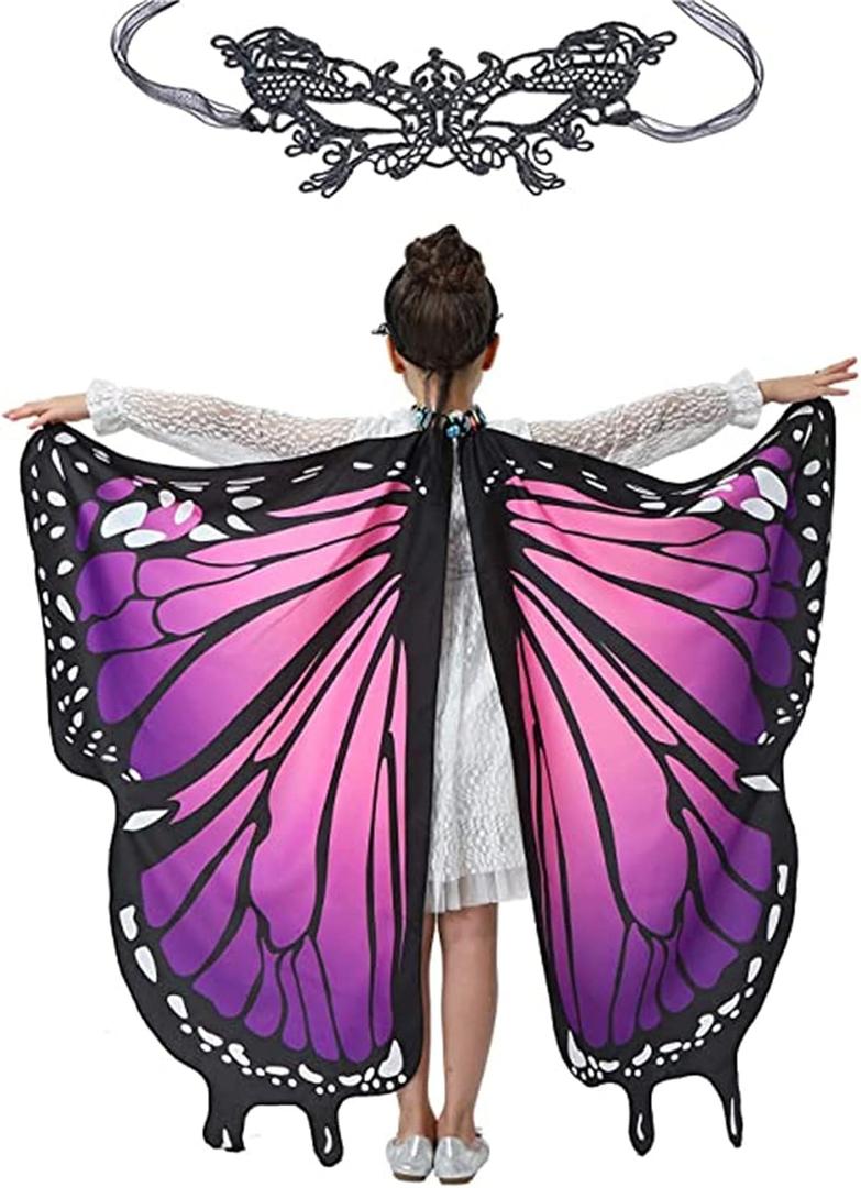 2 x Girl's Butterfly Wings and Mask Set - Colorful Pink - Purple Look, Great for Halloween, Birthday Party Dress - up and Cosplay (Pink and Purple)