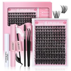 Uilulu Lash Clusters Kit for DIY Lash Extension at Home, False Eyelashes Set with Bond Seal, Lash Remover, Brush, Tweezers, D Curl Wispy Individual Clusters Eye Lash Extensions (U04 Kit)