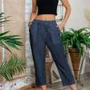 Acelitt Women Casual Lightweight Drawstring Elastic Waist Pants with Pockets, (Blue, L)