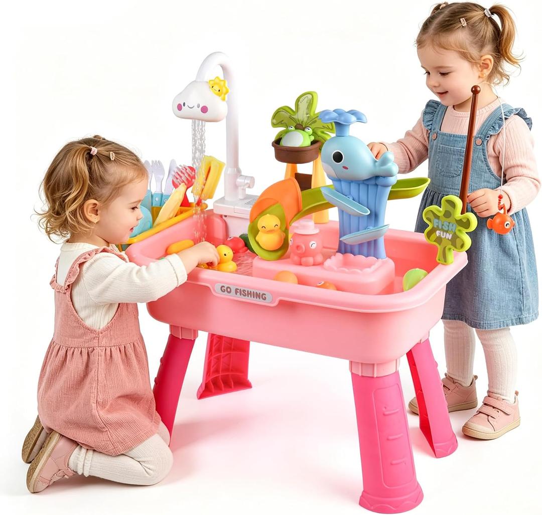 Upgraded 4-in-1 Sand Water Table for Toddlers 1-3, Kids Sensory Table with Electric Water Pump & Cloud Faucet, Play Kitchen Sink with Food Accessories, Fishing Toy Adjustable Height (Pink)