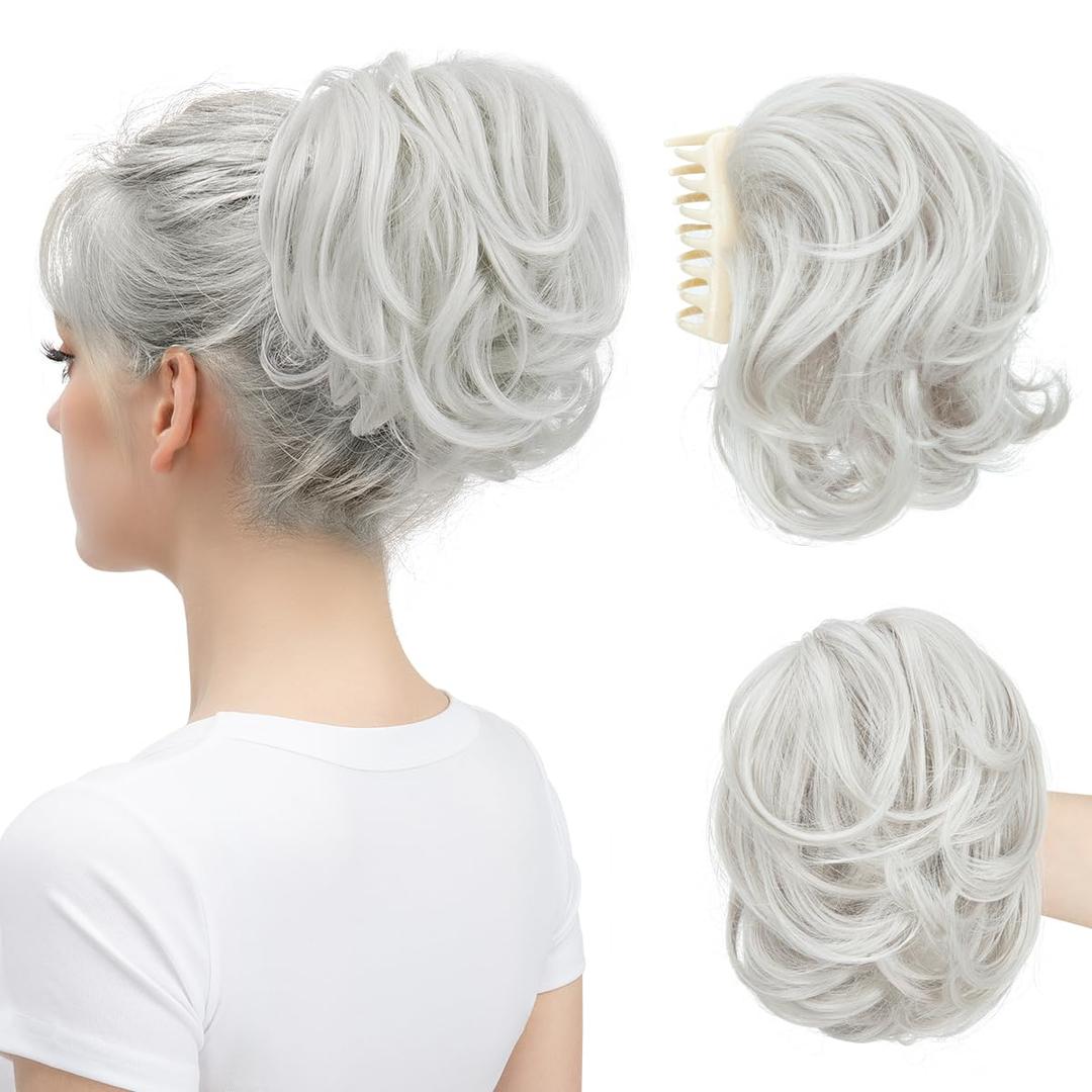 Claw Clip Short Ponytail Messy Bun Hair Piece Bendable Hair Branch Extensions Fluffy Wavy Curly Synthetic Versatile White Hairpieces Claw Clip Short Ponytail Messy Bun Hair Piece Bendable Hair Branch Extensions Fluffy Wavy Curly Synthetic Versatile White Hairpieces