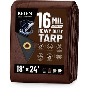 Keten Tarps Heavy Duty Waterproof 18x24 Feet, Extra Thick 16 Mil (Brown) | Tear & Fade Resistant, UV Blocking, Outdoor Tarp with Reinforced Grommets for Roof, Camping, Patio, Pool, Boat