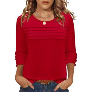 LOMON Women Tops Long Sleeve Blouses Dressy Casual Crewneck Pleated Tunic Shirts 2026 Loose Fashion Clothes (Red, M)