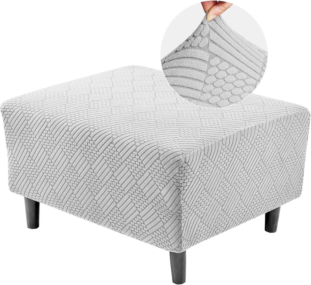 Deep Dream Rectangular Ottoman Slipcover, Stretch Jacquard Pattern, Storage Ottoman Cover Foot Stool Cover with Nonslip Elastic Bottom (Medium, Light Gray)