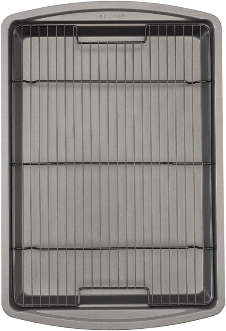 15 X 10.5 Non-Stick Carbon Steel Baking Sheet And Raised Wire Rack  Pizza Crisper, Crispy Bacon, Multi-Purpose Cooking Sheet, Cooling Rack, Kitchen Cookware Set, Dishwasher Safe (Dark Gray)