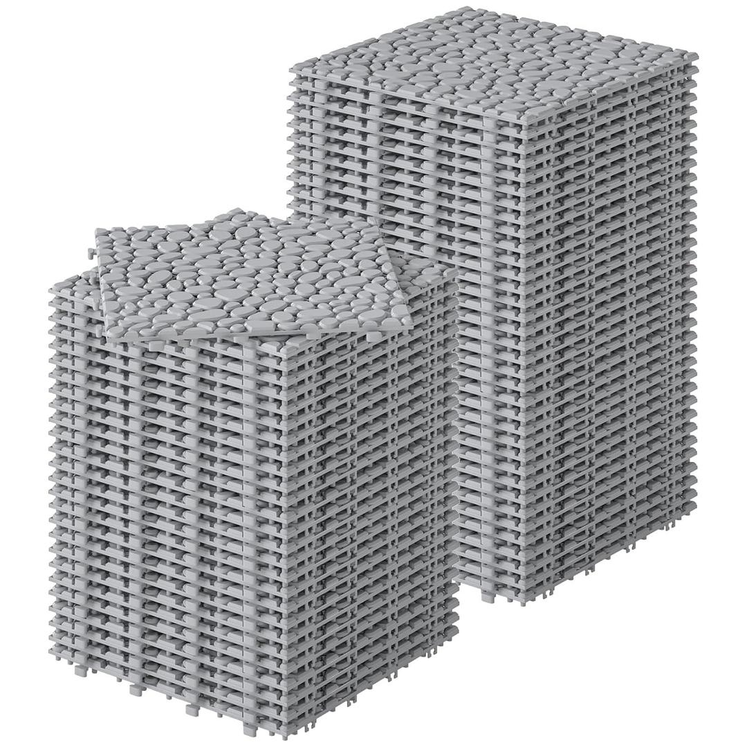 Rovibek 60PCS Plastic Interlocking Deck Tiles, 12"x12" Pebble Deck Tiles, Patio Flooring Outdoor Waterproof, Non-Slip, Indoor & Outdoor Use for Balcony Balcony Bathroom Backyard, Gray