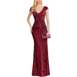 Womens Sequined Long Evening Gown Glamous Sleeveless V-Neck Mermaid Prom Dress for Wedding Party L