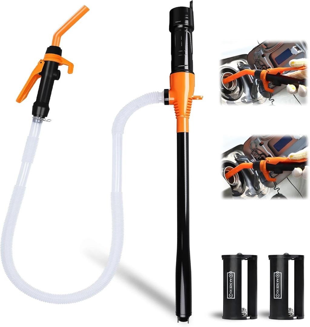 Portable Power Battery Pump, Fuel Transfer Pump Battery Operated Electric Siphon Pump for Gas, Fuel, Diesel, Water Transfer 2.2 GPM, Extra Long Hose, Flow Control Nozzle, Quick Control Flow and Stop (Extra Long White Hose with Flow Control Nozzle, Orange)