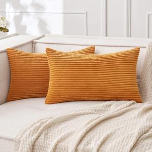 MIULEE Pack of 2 Burnt Orange Pillow Covers 12x20 Inch Soft Boho Striped Corduroy Throw Pillow Covers Set Decorative Square Cushion Cases Pillowcases for Sofa Bedroom Couch 