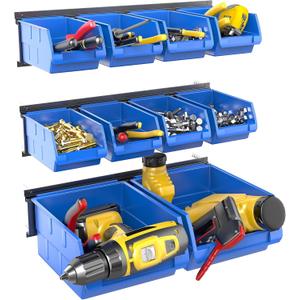 WALMANN Wall Mounted Storage Bins for Small Parts, 10 Bins with 3 Metal Rails, Plastic Wall Bins for Screws, Bolts, Nuts, Craft Room, Workshop, and Garage Storage Bins(Blue)