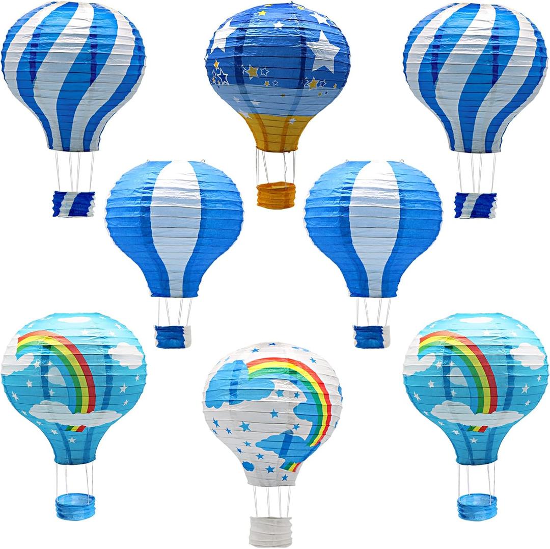 8 Pcs Blue Hot Air Balloon Paper Lanterns, 12 Inch Hanging Ceiling Decor in Sky Shades - Reusable Party Decorations for Shower, Birthday, Nautical Theme, Wedding & Nursery Room (Bule)
