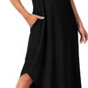 Rooscier Women's Short Sleeve Sleepshirt Button Nightshirt Full Length Sleepwear with Pockets (Black)