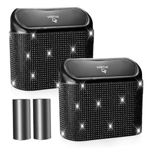 NBTEPEM Bling Car Trash Can with Lid - 2 Pack, Mini Auto Garbage Can with 60 Trash Bags, Automotive Garbage Container Bin, Bling Car Accessories Trash Can for Women (Black Diamond)
