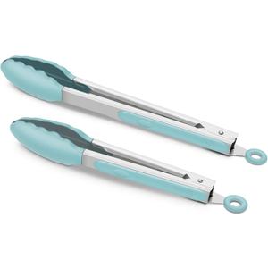 9-Inch & 12-Inch Cooking Tongs, Premium Silicone Set of 2 BPA Free Non-Stick Stainless Steel BBQ Grilling Locking Food Tong, Aqua Sky