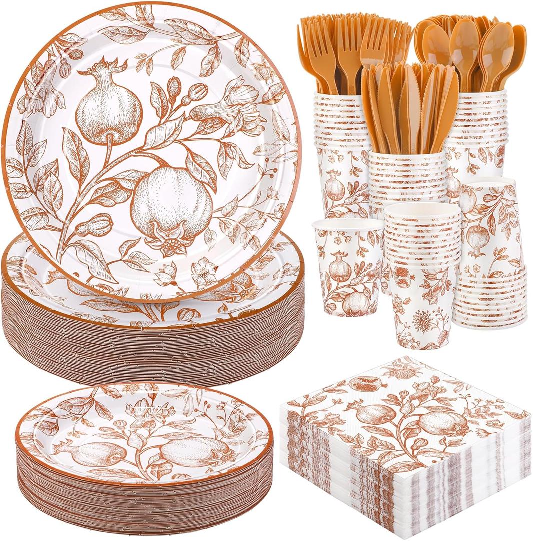 Kochorie 400 Pieces Fall Disposable Pomegranate Paper Plates Thanksgiving Vintage Floral Party Tableware Sets Including Orange Plates Cups Napkins Cutlery Serve 50 for Wedding Baby Shower Party Decor