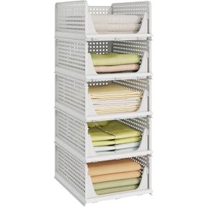 5 Pack Stackable Closet Organizers and Storage Bins, Multifunctional & Foldable Closet Clothes Organizer Box, Plastic Drawer Shelf Storage Bedroom Bathroom Kitchen Office Laundry Room, White