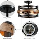 WUZUPS 3-Light Metal Drum Chandelier Imitation Wood Grain Shade Round Semi Flushmount Ceiling Lighting Rustic Farmhouse Fixture Foyer Entry Kitchen, H 9.4" x W13.8, E26 Base, Black