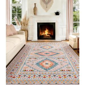 YIHOUSE Pink Tribal Rugs for Living Room, Washable 6x9 Area Rug, Non-Slip Boho Large Rug for Bedroom, Dining Room, Nursery (Pink/Blue)