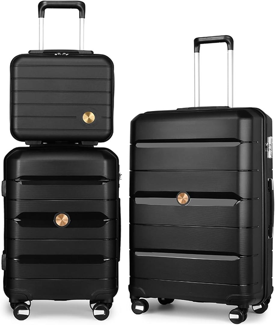 Somago 3 Pieces Luggage Set(14/20/24) PP Lightweight 4 Double 360 Degrees Mute Spinner Wheels Suitcase with TSA Lock & YKK Zipper (Classic Black)