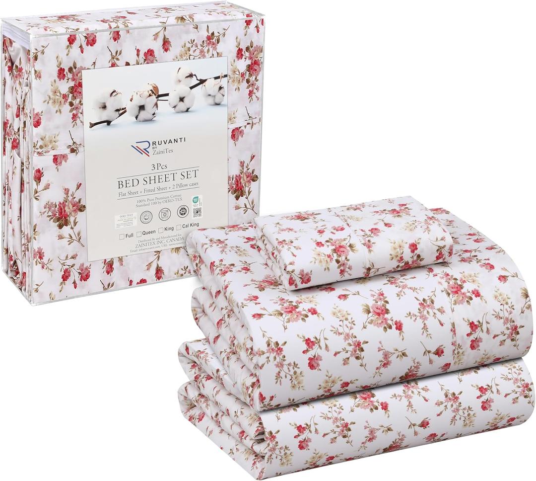 RUVANTI 100% Cotton Twin XL Sheet Sets, 3 Pieces, Soft & Breathable Percale Weave Bedding, Deep Pocket 16", Hotel Standard, Crisp Cool Feel, Durable, Perfect Size Floral Sheets, Bouquet