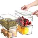 Clear Storage Bins With Lids,4 Packs Food Storage Organizer,Stackable Kitchen Cabinet,Bathroom Basket,Fridge Organization.Pantry Transparent Containers For Fruits,Drinks