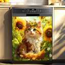 Dishwasher Magnetic Cover 25.59x23.03in Sunflower Kitten Design, Waterproof Removable Kitchen Appliance Magnet Panel Decor for Dishwasher Refrigerator Washer