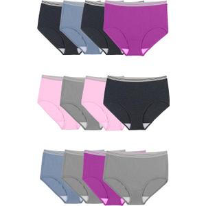 Fruit of the Loom Women's Eversoft Cotton Underwear Multipacks, Tag Free & Breathable, (10, Brief - Grey/Pink/Blue)