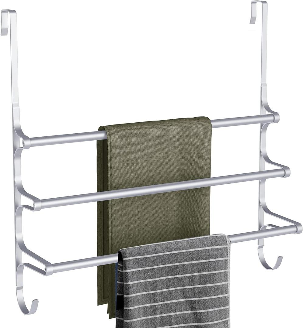 CANYAVE Over The Door Towel Rack, Extendable Triple Towel Storage Holder with Hooks, 24.02 Inches Towel Bar Hanger Towel Racks for Bathroom (Silver)