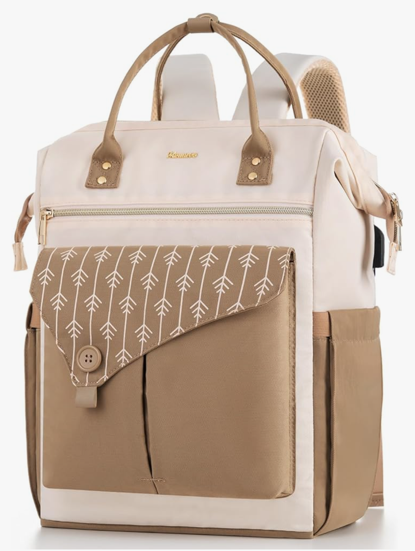 MOMUVO Laptop Backpack for Women with USB Port, Student Bookbag Water Resistant Backpacks Teacher Doctor Nurse Work Stylish Travel Bags, Fits 17-Inch Laptop Khaki Beige