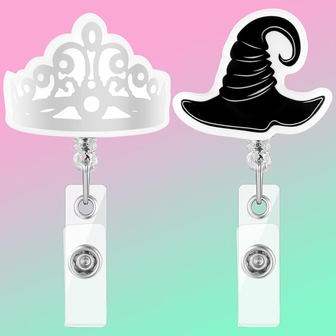 Landical 2 Pack Witch Themed Party Favors Retractable Badge Reel for ID Card Witch Pink and Green Party Supplies Gift Acrylic Princess Crown ID Badge Holder Clip for Halloween Office Doctor Nurse Week