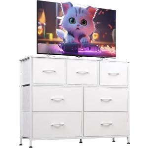 WLIVE 7 Drawer Dresser TV Stand, Dressers for Bedroom, Fabric Storage Tower, Hallway, Entryway, Closets, Sturdy Steel Frame, Wood Top, Easy Pull Handle, White