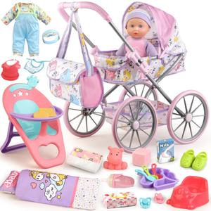 Baby Doll Stroller Playset for Girls Toddlers 3-5 4-6 5-7 Year Old to Play House Games. Stroller Toy with 12.5" Baby Doll, Dining Chair, Quilt Pillow, 24 PCS Doll Accessories and 2 Sets Clothes.