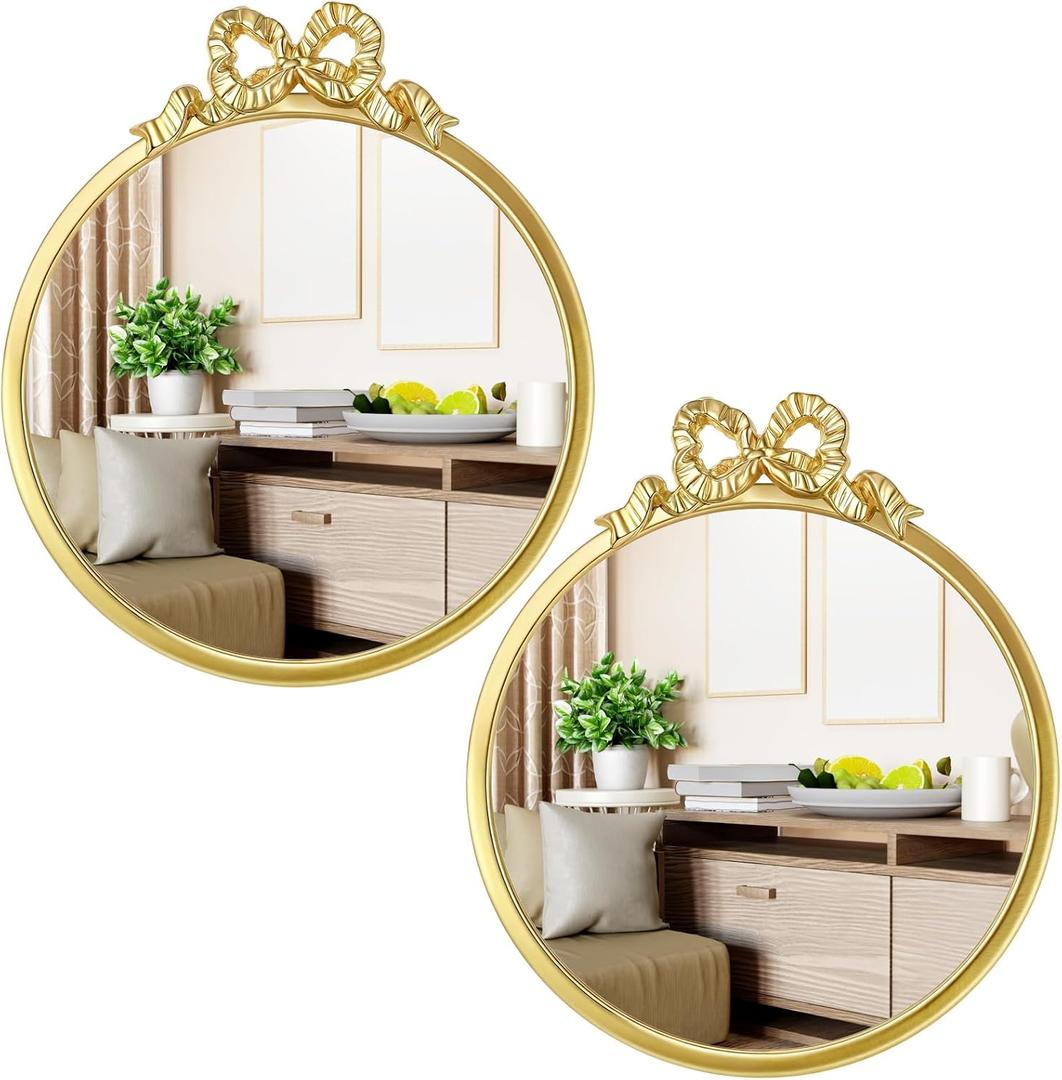 Chunful 2 Pcs Vintage Gold Round Wall Mirror 11.8 Inch Small Bow Circle Mirror Farmhouse Baroque Antique Vanity Gold Frame Hanging Wall Decor for Bathroom Bedroom Living Room Hallway Dressing Table